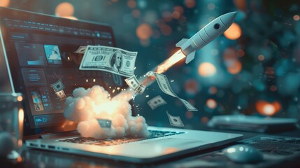 Wall Mural - rocket launching from a laptop on an office table to ascend into the air. business startup new idea 