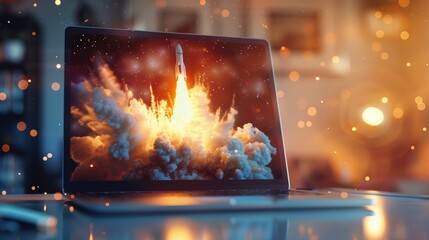Wall Mural - rocket launching from a laptop on an office table to ascend into the air. business startup new idea 