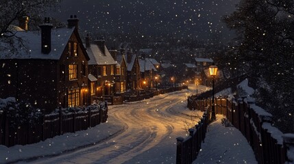 In a quaint village in winter, a snow-covered street reflects cozy cottages and glowing windows