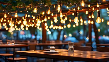 Wall Mural - Charming evening ambiance of an outdoor cafe adorned with hanging light bulbs in an urban dining setting