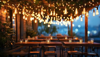 Wall Mural - Charming evening ambiance of an outdoor cafe adorned with hanging light bulbs in an urban dining setting