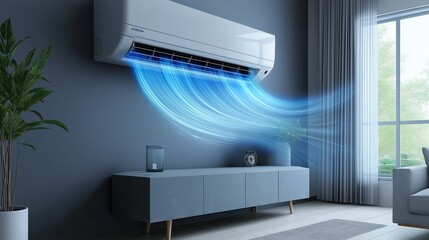 A room with the air conditioner encompasses blue waves of clean air