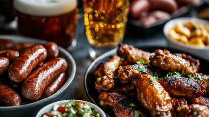 Delicious food and drinks are ready for game night, featuring crispy chicken wings, sausages, and refreshing beers, all set against vibrant sports backdrop