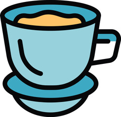 Wall Mural - Simple vector illustration of a blue coffee cup filled with coffee on a saucer, isolated on a white background