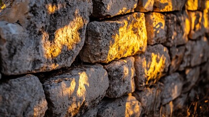 Poster - Close-up of a textured stone wall illuminated by warm sunlight.