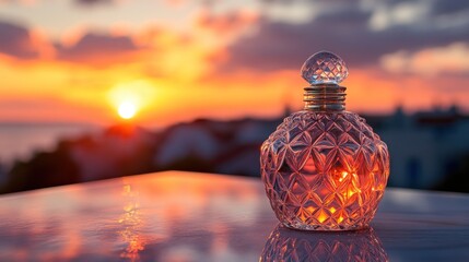 Canvas Print - A decorative perfume bottle glows against a vibrant sunset backdrop.