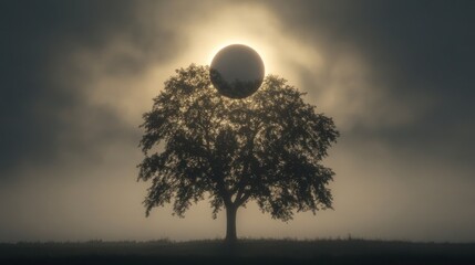 Wall Mural - A silhouette of a tree against a dramatic sky with a partially obscured sun.