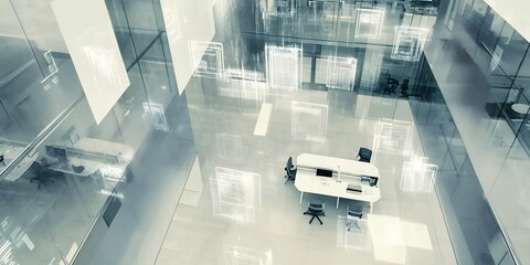 Overhead blurry view of futuristic office with holographic displays using motion blur to capture dynamic workspace elements and light trails from digital systems