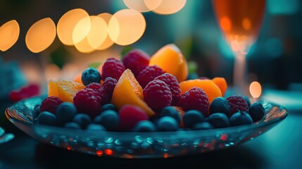 Poster - A colorful assortment of fresh fruits arranged on a plate, set in a warm, inviting atmosphere.