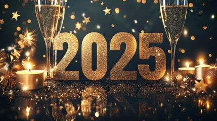 A sparkling New Year's Eve celebration featuring sparkling decorations and champagne to ring in the year 2025