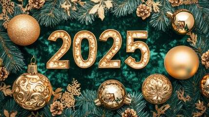 A celebration background with golden floral designs and a deep green fabric featuring the year 2025