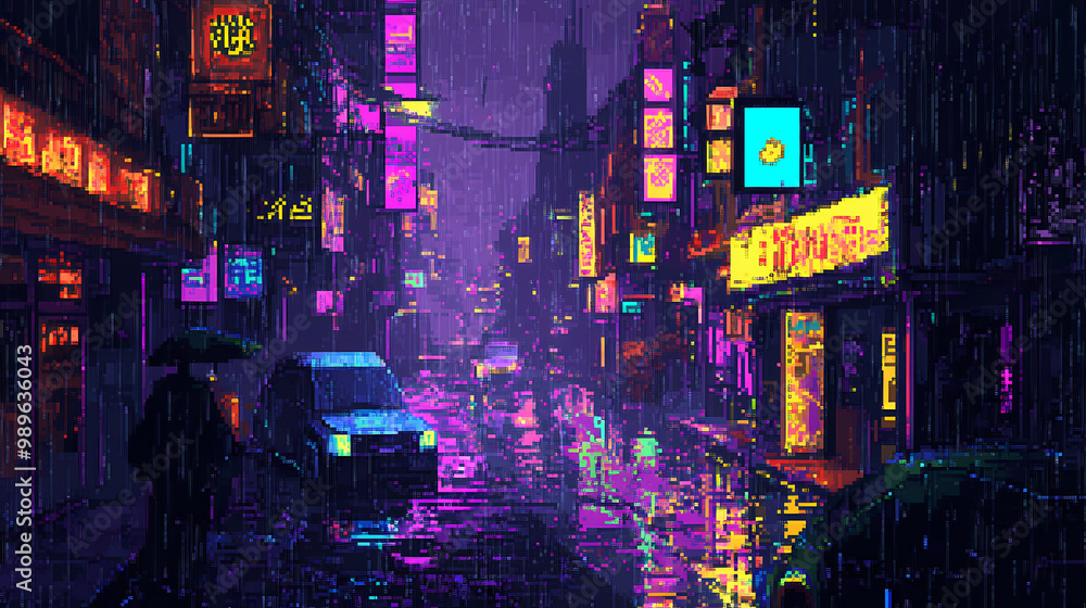 Lofi pixel art of a rainy cyberpunk city street with dark and neon ...