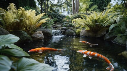 A serene garden pond with koi fish surrounded by lush greenery and a gentle waterfall.