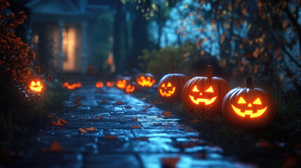 A row of glowing jack-o'-lanterns lining a spooky path.