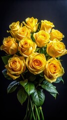 Sticker - Bouquet of vibrant yellow roses against a black background for elegant decoration. Generative AI