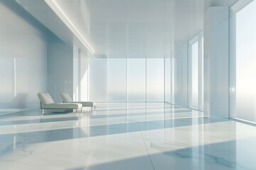 Softfocus shot of futuristic corporate meeting area where hovering projection screens cast light trails across the minimal furniture creating a blurred effect