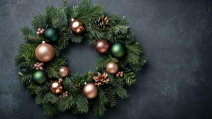 Stylish holiday decorations with ornaments and greenery on textured surfaces