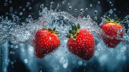 Poster - Fresh strawberries splashing in water, showcasing vibrant colors and dynamic movement.