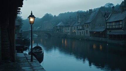 A serene riverside scene at dusk, featuring quaint buildings and a solitary lamp.