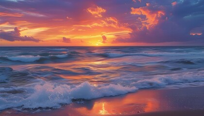 Wall Mural - Vibrant sunset over a serene beach with gentle ocean waves and a kaleidoscope of colors in the sky