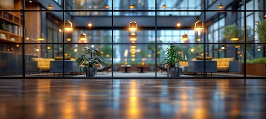 Wideangle blurry view of modern office space with minimalist decor captured through a prism lens for a kaleidoscopic effect