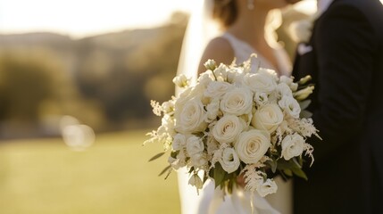 Wall Mural - A close-up of a bride holding a bouquet of white roses during a wedding ceremony.