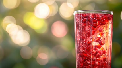 A refreshing drink with pomegranate seeds in a sparkling beverage, set against a blurred background.