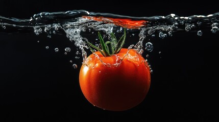 A tomato splashing into water, creating bubbles against a dark background.