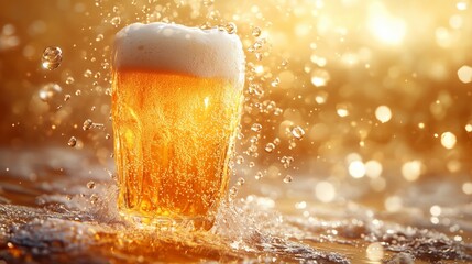 A glass of beer with foam on top. The foam is white and the beer is yellow. The image has a warm and inviting mood.