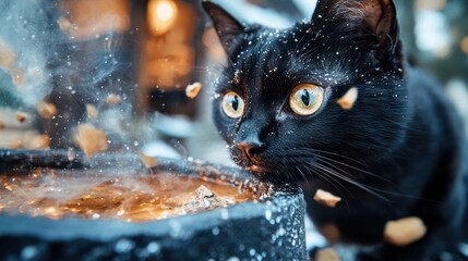 A curious black cat with bright eyes looks closely at a mystical, bubbling cauldron, with magical sparks and pieces of objects flying around, creating a whimsical scene.