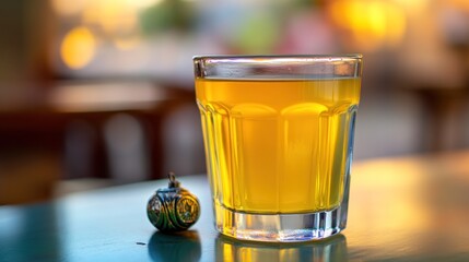 Sticker - A glass of yellow drink beside a decorative object on a table.