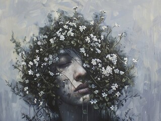 Wall Mural - Woman Surrounded by White Flowers - A Surreal Portrait