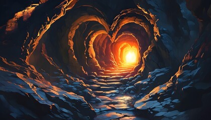 Enigmatic heart-shaped cave entrance illuminated by warm light, inviting exploration into the depths of mystery and wonder