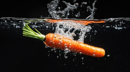 A carrot splashing into water, showcasing freshness and vitality.