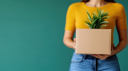 A person wearing a yellow shirt and jeans is holding a brown cardboard box containing a small potted plant, conveying a sense of new beginnings, care, and environmental awareness.