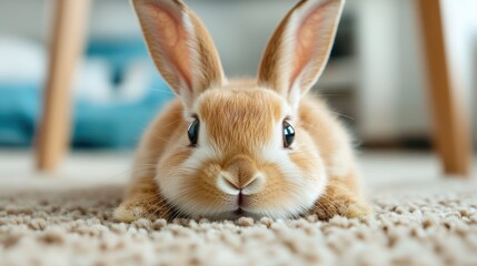 This image features a charming bunny lying on a soft carpet underneath a piece of furniture, highlighting its fluffy fur and cute, inquisitive face.