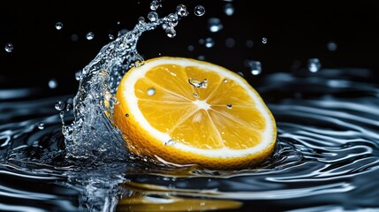 Canvas Print - A fresh lemon slice splashes into water, creating dynamic ripples and droplets.