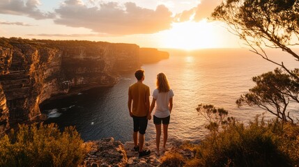 A couple watching a sunset over a cliff by the ocean, enjoying a tranquil moment together.