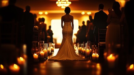 Sticker - A bride walks down an aisle lit by candles, surrounded by guests in a warm, romantic setting.