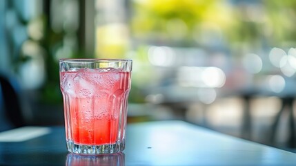 Wall Mural - A refreshing pink drink with ice in a glass, set against a blurred background.