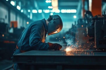 A man, welding in a factory, wearing a protective helmet and a dark blue workwear suit with gloves while working on a table in a modern production hall at night. Industrial workers concept.