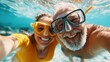 © Lens Legacy - An elderly couple enjoys an underwater adventure, each wearing swim goggles, capturing a joyful moment of companionship and playfulness beneath the surface.