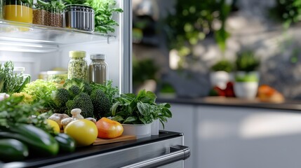 A spacious refrigerator filled with an array of fresh produce, leafy greens, and jars against a backdrop of a well-organized kitchen with an eco-friendly ambiance.