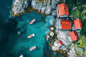 Aerial view of a small bay with red boat houses and boats.