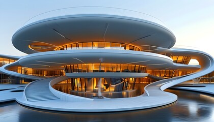 Innovative architectural design of a circular modern building highlighting complexity and dynamic spatial flow