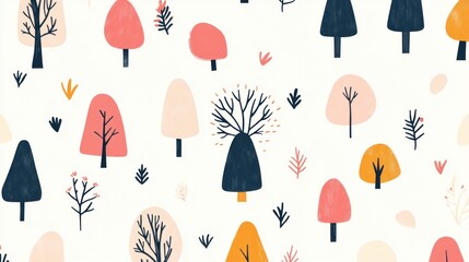 Hand-drawn trees pattern for Scandinavian woodland illustration, ideal for textiles.