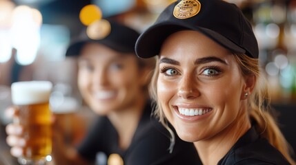 A cheerful bartender in a lively pub holds a craft beer, embodying friendliness and enjoyment, representing the vibrant social atmosphere and camaraderie of bar culture.