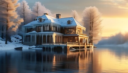 Sticker - Frosted lakeside villa basking in golden sunset light during a tranquil winter evening