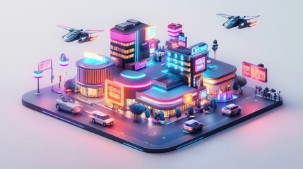 Sticker - A vibrant, futuristic cityscape with neon lights, vehicles, and flying drones.