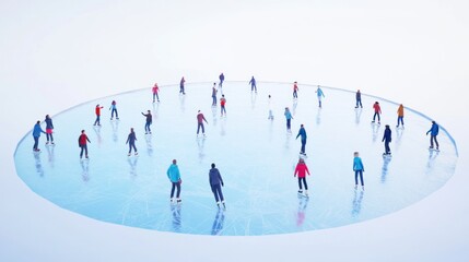 Poster - A group of people ice skating on a circular rink with a minimalist background.